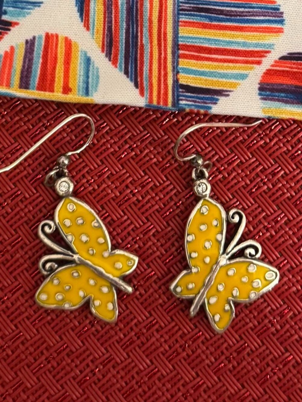 Brighton Butterfly earrings, yellow & white polka-dot enamel dangle earrings